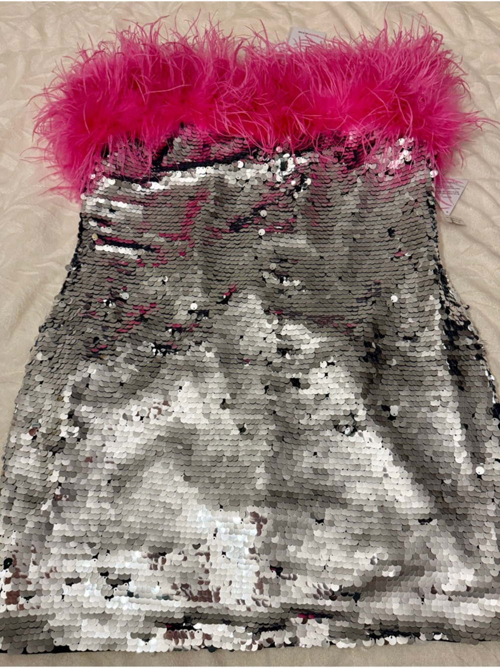 NADINE MERABI Silver Sequin Dress with Hot Pink Feather Trim